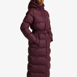 Ladies <b>Belt</b> Longline Winters <b>Coat</b> Two Pockets Design Hood Collar Drawstring Solid Pattern Quilted Waterproof Puffer Jacket - Product Image 3
