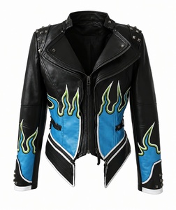 Blouson Moto Coupe-Vent en Cuir PU Blanc avec Broderie Flamme Bleue, Détails Rivets, Fermeture Éclair, Coupe Slim, Style Motard Unisexe Hiver - Product Image 5