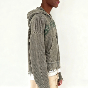Sweat à capuche zippé en maille côtelée verticale épaisse pour homme, avec logo lettre OEM, ourlet brut effiloché et effet usé, idéal pour le streetwear - Product Image 2