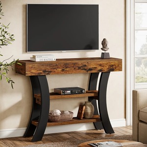 Table console industrielle avec pieds en métal courbés et 3 étagères de rangement, finition en fer moderne, meubles pour salon et hôtel - Product Image 5