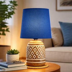 Modern <b>Table</b> Lamp <b>Blue</b> Fabric Shade Decorative <b>Bedside</b> Light Wooden Texture Base for Living Room Bedroom - Product Image 1