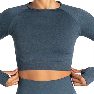 High Quality Fitness <b>Women</b> Soft Crew Neck Long Sleeve Crop <b>Top</b> Shirt Sportswear Slim Fit <b>Compression</b> Sexy Gym Crop <b>Top</b> - Product Image 1