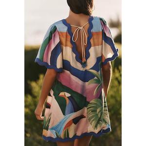 Vestido Midi Hecho a Mano, Ecológico, 100% Algodón Transpirable, con Estampado Floral, Corte Holgado, Mezcla de Lino, Cintura Natural con Volantes, ODM - Product Image 2