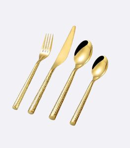 Golden Hammered Finish <b>Flatware</b> <b>Set</b> of 4 Elegant Wedding Restaurant Cutlery <b>Set</b> - Product Image 1