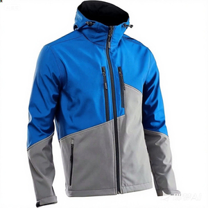 Men's Hooded <b>Fleece</b> Jacket Blue Gray Color Blocking Zipper Closure Windproof Casual Autumn Wear Regular Fit - Product Image 1