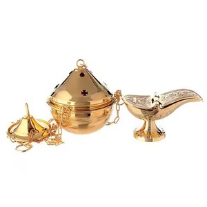 Brass Incense <b>Burner</b> Gold Finish Hand-Made Religious Decorative Design With Cross Top And Chain Handle Thrubile - Product Image 4