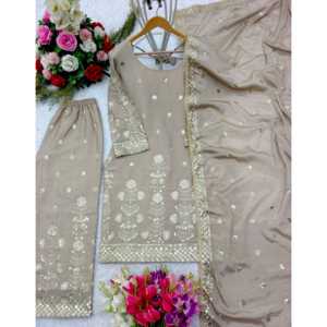 Conjunto de Fiesta Beige para Mujer de Diseñador WW, Talla M, Top Elegante, Pantalones Palazzo, Hermosa Dupatta - Product Image 1