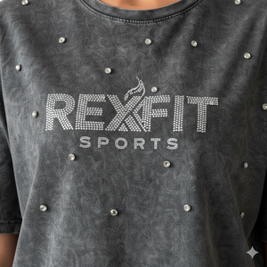 Camisetas con Logotipo de Pedrería Personalizadas, Bajo MOQ, El Mejor Diseño, Edición Hecha a Mano, Camisetas con Hombros Caídos y Lavado Ácido, las Más Demandadas - Product Image 5