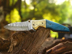 Couteau pliant artisanal en acier Damas, design élégant avec bolster, couteau de poche EDC, manche en os de chameau, lame Drop Point 2,5 mm - Product Image 5