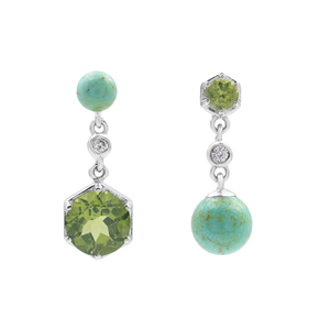 Pendientes Finos Bohemia de Plata de Ley 925 con Turquesa y Peridoto en Engaste Hexagonal, Joyería Fina para Uso Diario de Mujer - Product Image 1