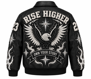 Blouson en cuir pleine fleur noir tanné pour homme, style streetwear, col rabattu, fermeture éclair, appliques, motifs, rivets et lettres - Product Image 2