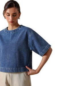 Top Corto de Mezclilla para Mujer, Cuello Redondo, Manga Corta, Corte Holgado, Color Sólido, Casual, Primavera Verano, 100% Algodón Tejido - Product Image 4