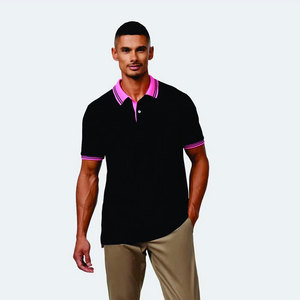 Men's Black for Shirt with Pink Collar and Cuff Trim Short Sleeve Casual Knitted Spandex/Cotton Pocket Compressed - Product Image 2