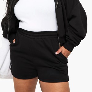 Shorts de Cintura Alta para Mujer, Tejidos en Negro, con Bolsillos, Cintura Elástica, Corte Casual, Transpirables, Color Sólido, OEM - Product Image 1