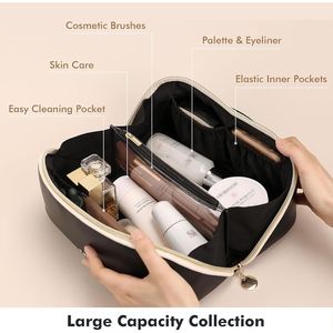 Sac de voyage pour maquillage en cuir vegan imperméable pour femmes, s'ouvrant à plat, avec séparateur transparent et poignée, pour organiser les articles de toilette - Product Image 5