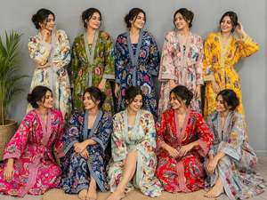 ชุดคลุมกิโมโนผ้าฝ้าย 100% ลายดอกไม้สำหรับผู้หญิง ชุดคลุมสำหรับเพื่อนเจ้าสาว ชุดคลุมอาบน้ำสำหรับงานแต่งงาน ชุดคลุมชายหาด ไซส์ใหญ่ ชุดคลุมอาบน้ำผ้าฝ้ายอินเดีย - Product Image 1