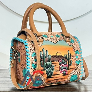 Bolso de Viaje de Cuero Vacuno Genuino de Diseño de Lujo, Modelo Speedy Mediano, con Patrón de Cactus al Atardecer, Hecho a Mano, para Mujeres y Hombres - Product Image 1