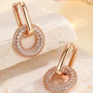 Boucles d'oreilles circulaires en diamant synthétique plaqué or rose, unisexe, luxe, vintage, à porter tous les jours, coupe brillante ronde, bijoux, cadeau - Product Image 2