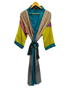 Robe kimono en soie pure, patchwork, pour couvrir le bikini, vêtement de nuit, longue robe, kimono indien vintage en soie recyclée, fait main - Product Image 2