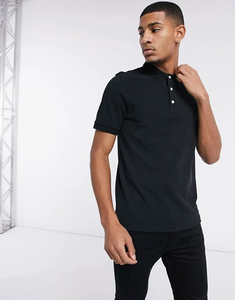 Polo de Manga Corta Negro para Hombre, Color Sólido, Algodón Piqué, Estilo Casual, Corte Regular, Diseño con Botones al Frente - Product Image 2