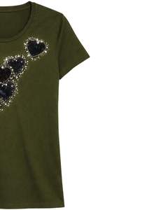 Camiseta de Algodón Verde Oliva para Mujer, con Gráfico de Corazón con Pedrería Negra, Manga Corta, Informal, a la Moda, con Impresión de Logotipo Personalizado, Camiseta de Verano - Product Image 2