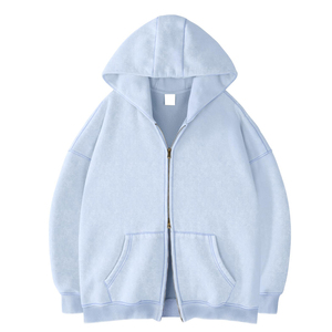 Unisex Oversized <b>Hooded</b> Fleece <b>Zip</b>-Up Sweatshirt Solid Light Blue Casual Winter Wear 100% Cotton Knitted Fabric Quick Dry 300g - Product Image 3