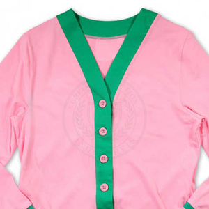 Cardigan en tricot contrastant rose et vert Sorority Alpha K Alpha, col en V, broderie de lettres grecques, pour femmes, 100% coton, vêtements d'hiver - Product Image 2