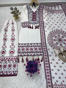 Luxury <b>White</b> Cotton <b>Sharara</b> Suit Set Heavy Mirror Work Embroidery Long Kurti Wide Leg Palazzo Indian Pakistani Festive Wear - Product Image 4