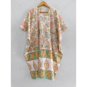 ชุดมินิคาฟตันผ้าฝ้ายพิมพ์ลายบล็อกทำมือ 100% สไตล์โบฮีเมียน ชุดคลุมชายหาดทรงหลวม เสื้อคลุมลำลองสำหรับฤดูร้อน คอวี แขนทรงปีกค้างคาว - Product Image 2
