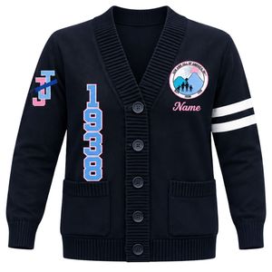 <b>Navy</b> Blue 1938 Embroidered Knit <b>Cardigan</b> V Neck Button Front Long Sleeve Pocket Varsity Style Sweater Jacket Casual Fashion - Product Image 1