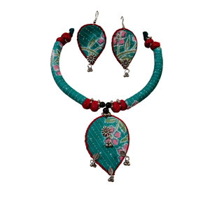Handmade Fabric & Thread <b>Necklace</b> & Earrings Set | Ethnic Indian Lightweight Boho <b>Statement</b> Jewelry for Women - Product Image 2