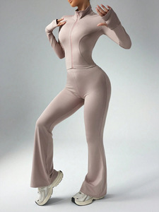 "Solid Color Women's Yoga Set Long Sleeve Zipper Top High Waisted <b>Flared</b> Pants Quick Dry Fitness Activewear OEM ODM" - Product Image 3
