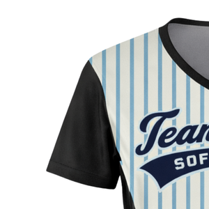 Camiseta de Softbol Sublimada con Tinte Completo, Color Crema con Rayas Azules, Cuello en V, Mangas Negras, Uniforme de Equipo Personalizado con Número en la Espalda - Product Image 6