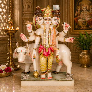 Marble Dattatreya Statue with Cow - 15 Inch | Handcrafted White Marble Lord Dattatreya Murti | MALIYAS Jaipur India - Product Image 1
