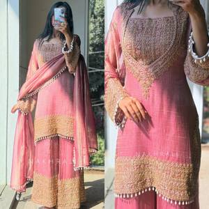 Ramdev Trading Traditional Ethnic Indian Pakistani Women's <b>Kurta</b> / Kurti Top Dupatta Set Heavy Chinnon <b>Silk</b> Modern Party - Product Image 2