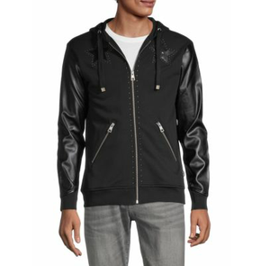 Wholesale OEM ODM Zip-Up <b>Hoodie</b> With Leather Sleeves Windproof Sweatshirt Regular Fit Autumn Style Pullover Leather Sleeve Hood - Product Image 1