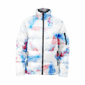 Chaqueta Acolchada Blanca para Hombre con Estampado Abstracto Azul y Rojo, Cierre de Cremallera, Cuello Alto, Ropa Casual de Invierno - Product Image 1