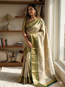 Sari de Seda Banarasi de Lujo con Bordado Zari, Sari Tradicional Indio para Bodas, Sari de Diseño Étnico para Fiestas - Product Image 1