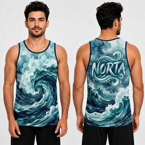 Camisetas Deportivas Transpirables de Malla Interlock de Poliéster de 220 GSM con Estampado Vibrante de Olas del Océano para Entrenamiento Activo y Fitness Masculino - Product Image 1