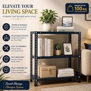 Industrial Metal Bookshelf Double Tier Height Adjustable Storage <b>Rack</b> for Living Room Standing Type Blue - Product Image 3