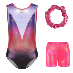 Girls Gradient Tank <b>Leotard</b> <b>with</b> <b>Shorts</b> Scrunchie Set Sleeveless <b>Gymnastics</b> Dance Outfit Pink Purple Rhinestone Decorated V-neck - Product Image 6