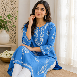 Kurti brodé bleu ciel fait main pour femmes, motif floral ethnique, manches 3/4, col en V et tenue indienne traditionnelle - Product Image 3