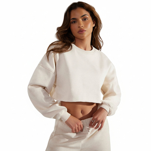 High Quality <b>Women</b> Winter Short Crop <b>Top</b> Sweatshirts Casual Slim Fit Breathable 100% Cotton <b>Fleece</b> Front Customizable OEM - Product Image 4