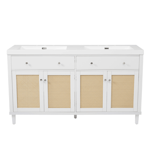 Meuble-lavabo de salle de bain 60 pouces en bois massif avec double vasque (SMC), 2 plateaux amovibles/tiroirs rabattables, 4 tiroirs à fermeture douce pour un grand espace de rangement - Product Image 1