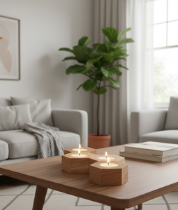 Porte-bougies hexagonaux modulaires en bois naturel faits à la main pour la décoration de la maison - Anniversaire, Saint-Valentin, Mariage, Thanksgiving - Product Image 1
