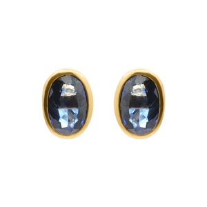 14k Yellow Gold Natural Oval <b>Blue</b> <b>Sapphire</b> Bezel Stud <b>Earrings</b> Memoria Jewels - Product Image 1