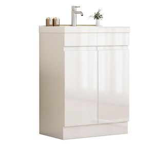 Mobile Bagno da 24 Pollici con Lavabo e Specchio, Armadietto a 2 Ante e Ripiano, Design Unico con Bordo Spesso Senza Maniglie - Product Image 3