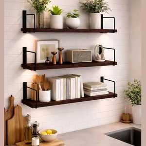 Set 3 Natural Solid Wood Live Edge Floating Wall <b>Shelves</b> Heavy Duty <b>Adjustable</b> Modern Flower Pot Display Ledge Board Living Room - Product Image 6