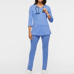 Women's Blue <b>Scrub</b> <b>Set</b> V-Neck Top With Pockets And Matching Pants Hospital Uniforms - Product Image 3