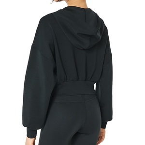 2025 New Arrival Black 100 Cotton Women's Long Sleeve <b>Winter</b> Pullover Custom Embroidered Hooded Crop <b>Top</b> - Product Image 3